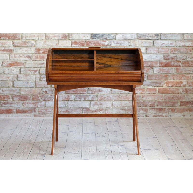 Mid-Century Desk with Roll-Top, Walnut Veneer, 1950s