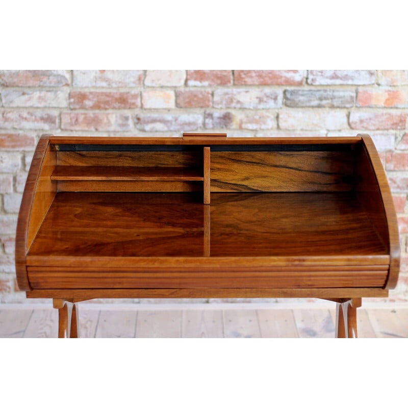 Mid-Century Desk with Roll-Top, Walnut Veneer, 1950s