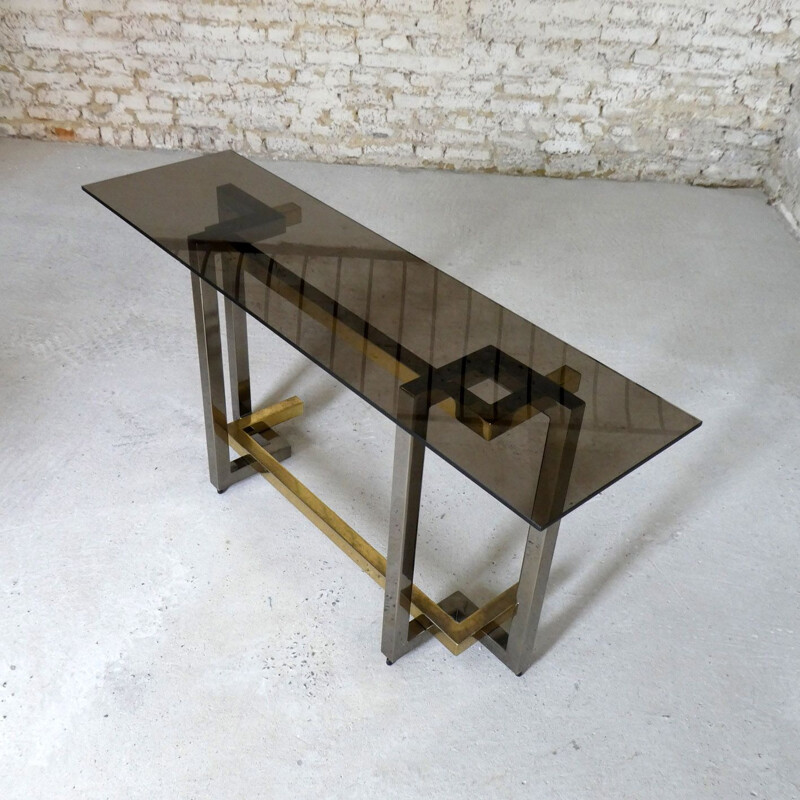 Large vintage console in chromed steel and brass plated steel, 1970 smoked glass slab