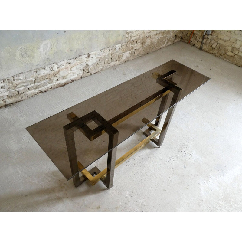 Large vintage console in chromed steel and brass plated steel, 1970 smoked glass slab