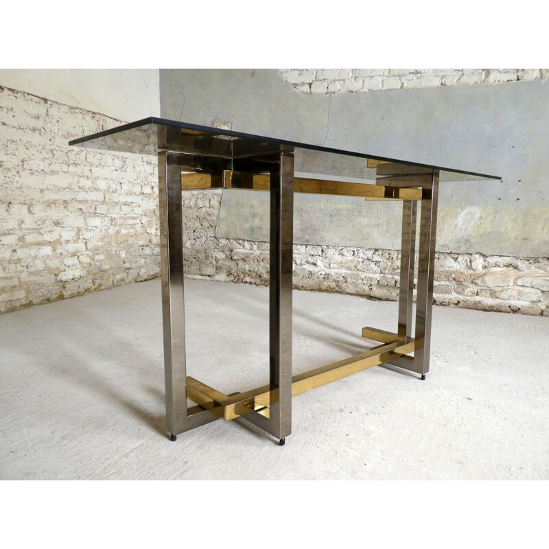 Large vintage console in chromed steel and brass plated steel, 1970 smoked glass slab