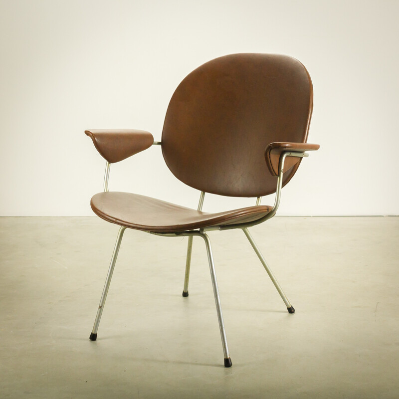 Kembo lounge chair model 302 Triënnale in metal and brown leatherette, W.H. GISPEN - 1950s