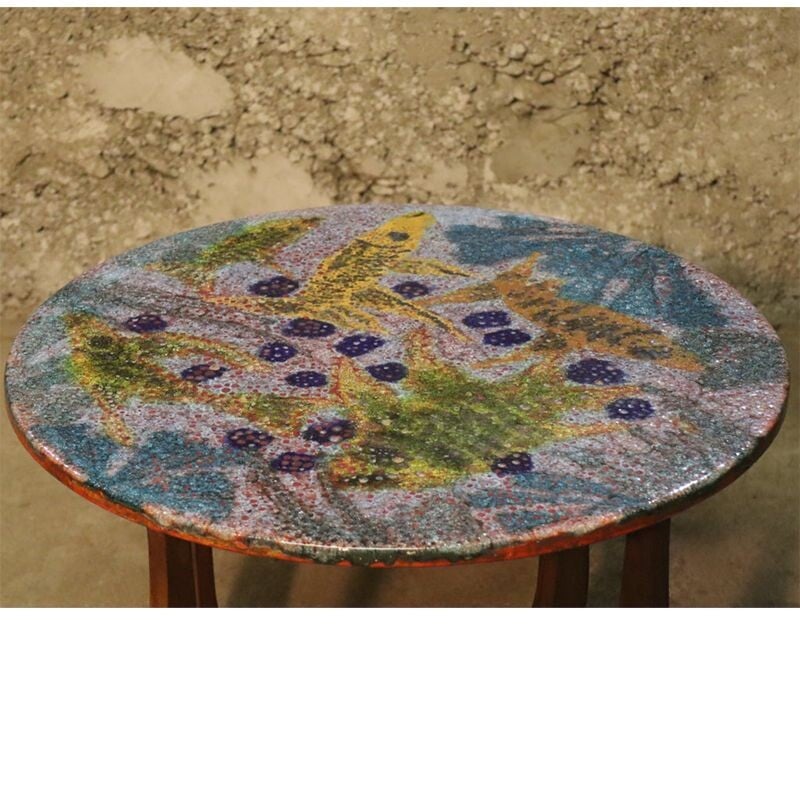 Vintage enamelled lava stone and wood table 1960
