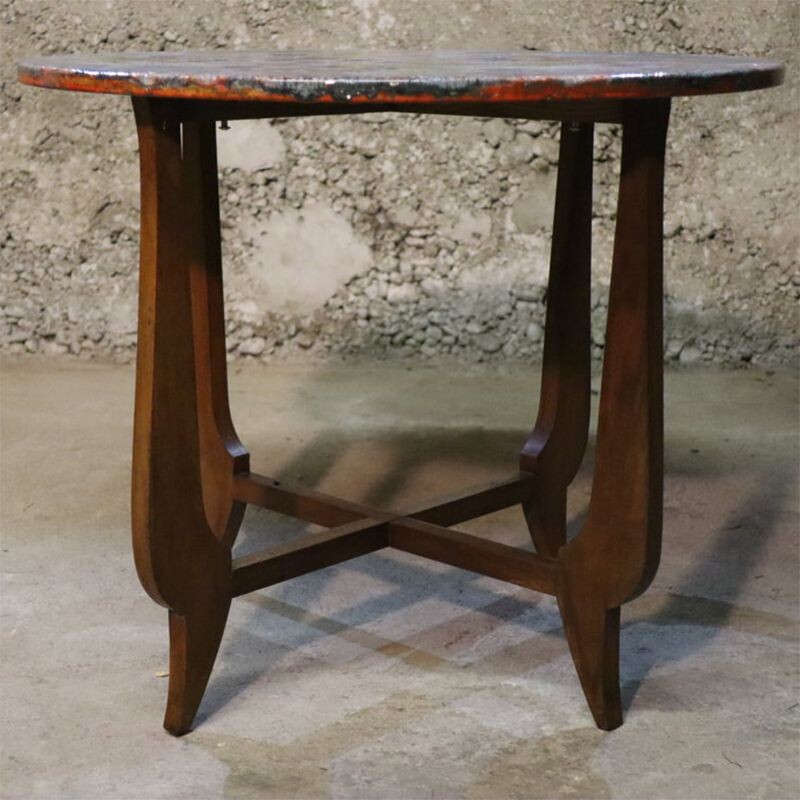 Table en pierre vintage de lave émaillée et bois 1960