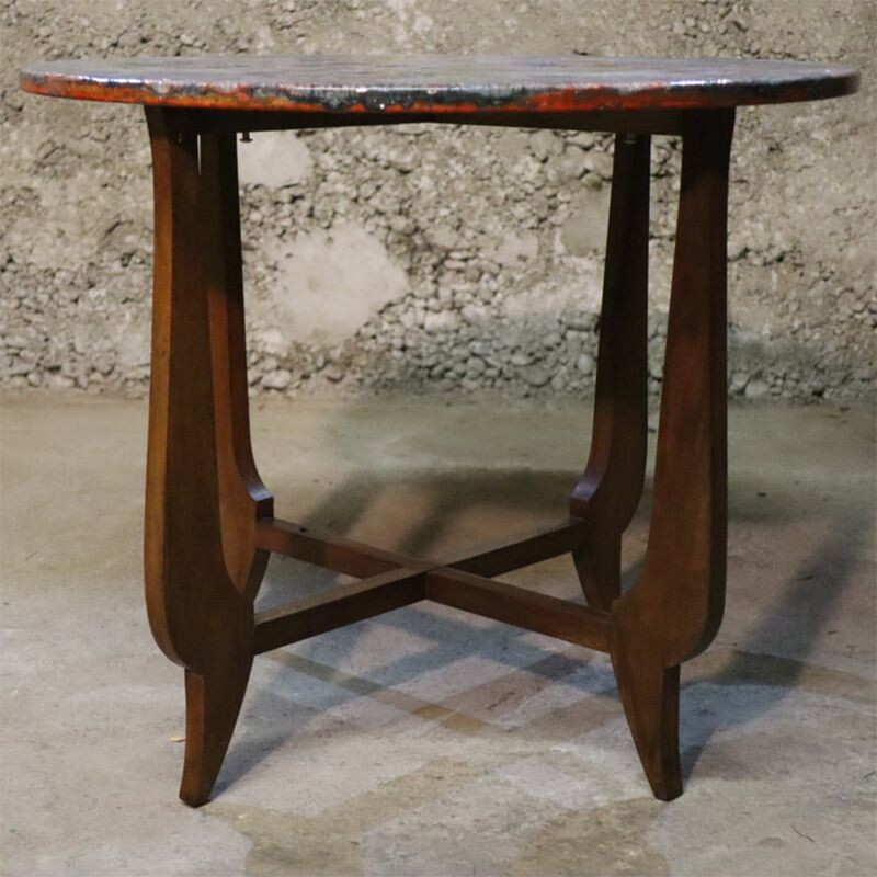 Vintage enamelled lava stone and wood table 1960