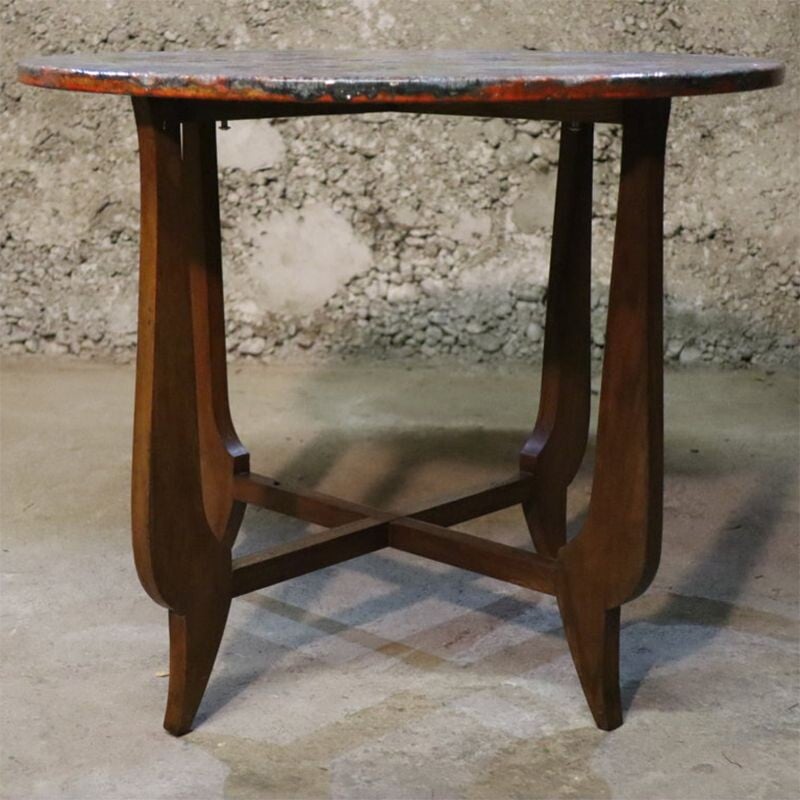 Vintage enamelled lava stone and wood table 1960