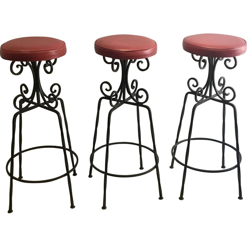 Set of 3 vintage bar stool brutalistic metal 1960