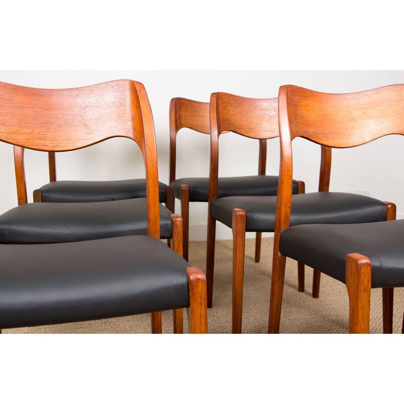 Set of 6 vintage teak and Skai chairs, model 71 by Niels.O.Moller