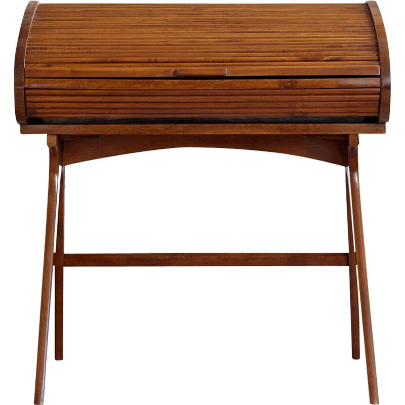 Mid-Century Desk with Roll-Top, Walnut Veneer, 1950s