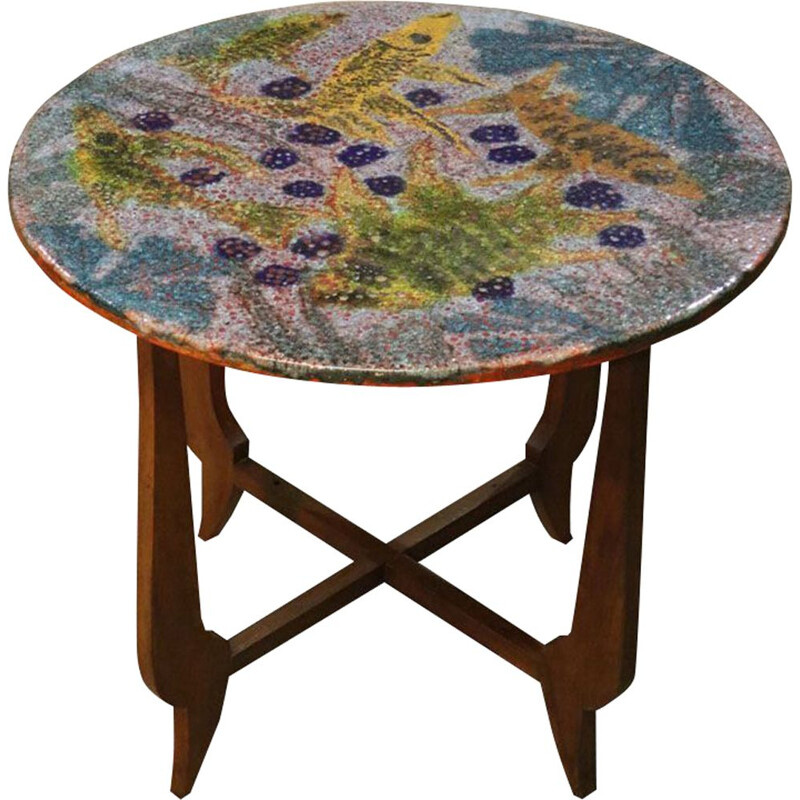 Table en pierre vintage de lave émaillée et bois 1960