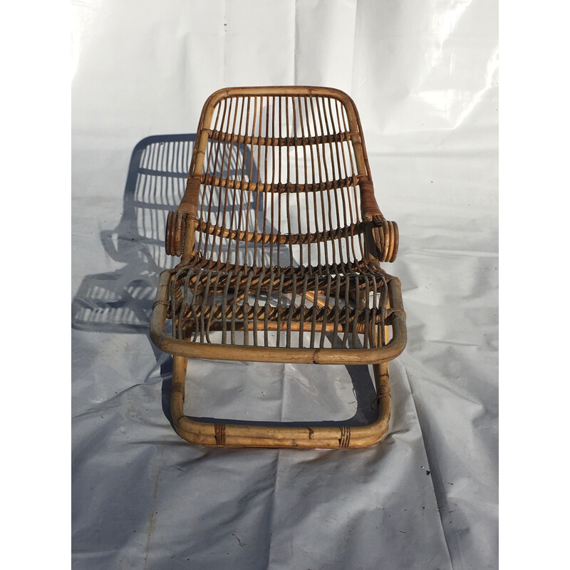 Chaise longue vintage en rotin avec matelas 1960