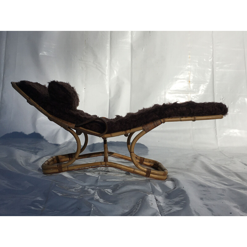 Chaise longue vintage en rotin avec matelas 1960