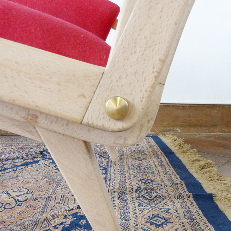 Mid century pink armchair in wood and wool flannel - 1950s