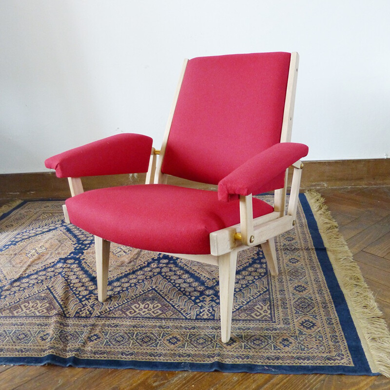 Mid century pink armchair in wood and wool flannel - 1950s