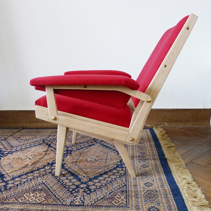 Mid century pink armchair in wood and wool flannel - 1950s