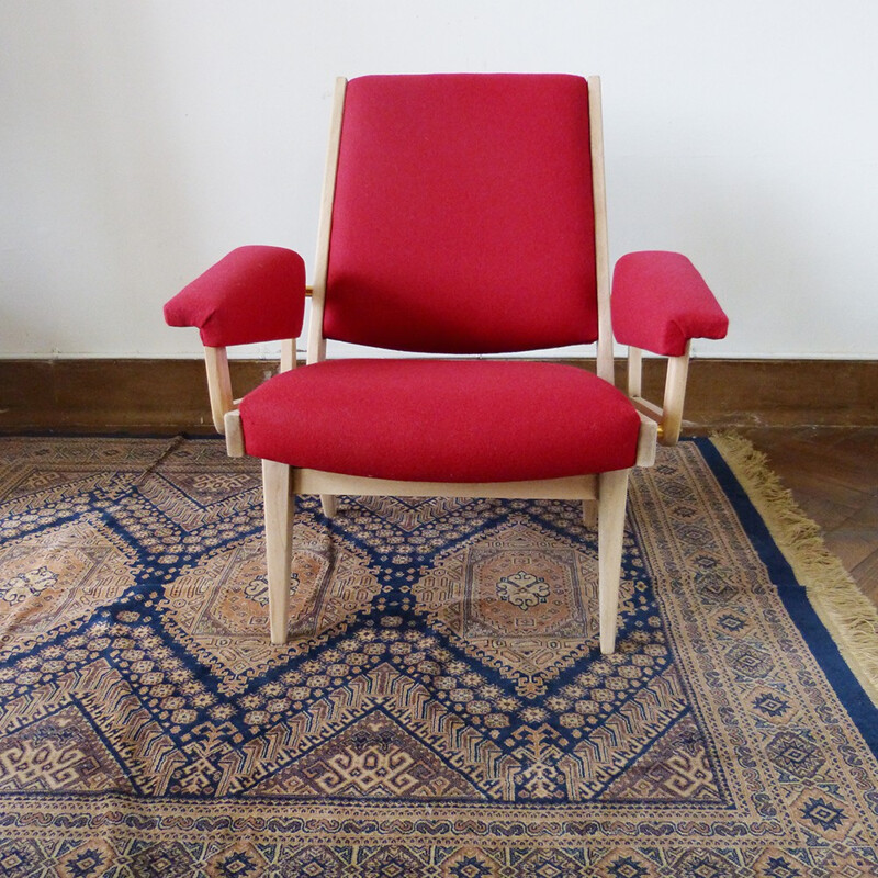 Mid century pink armchair in wood and wool flannel - 1950s