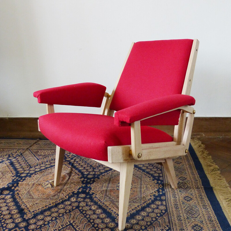 Mid century pink armchair in wood and wool flannel - 1950s