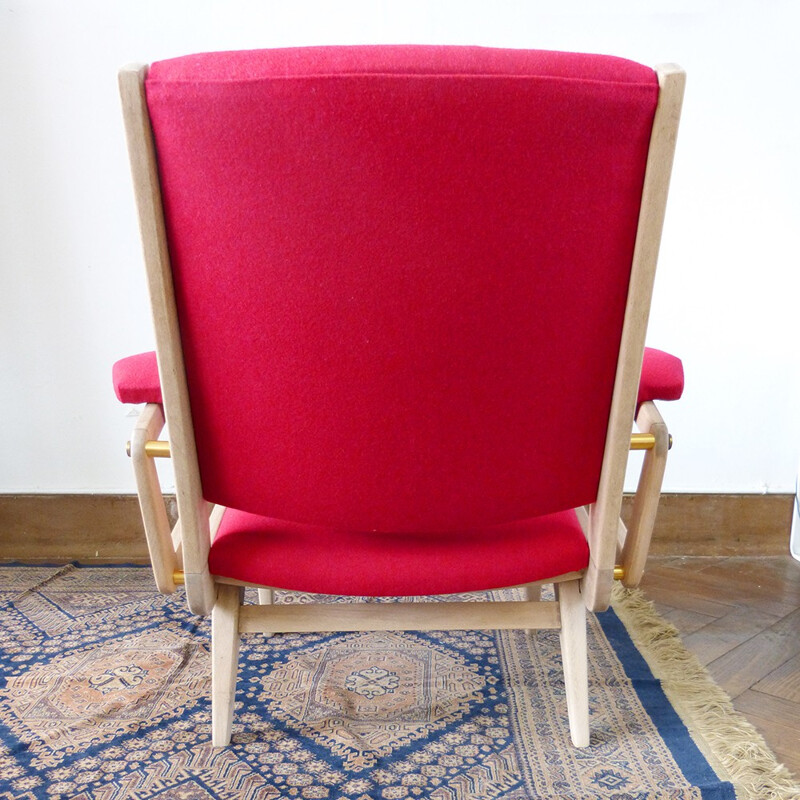 Fauteuil vintage rose en bois et flanelle de laine - 1950