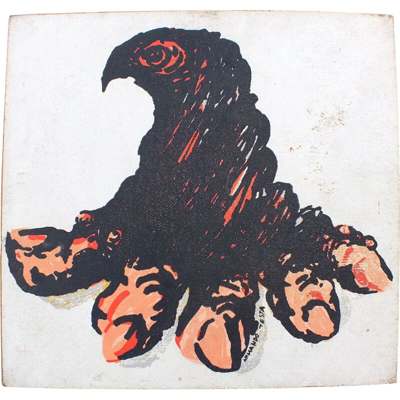 Vintage silk screen print of an eagle suffering from arthritis by Armando Testa for Fraire, Italy 1980