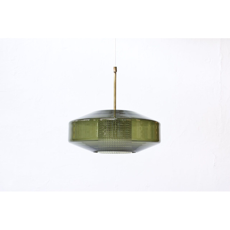 Vintage Pendant Lamp Brass and Glass by Carl Fagerlund for Orrefors 1960