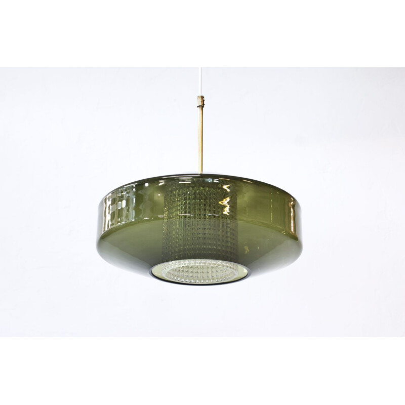 Vintage Pendant Lamp Brass and Glass by Carl Fagerlund for Orrefors 1960