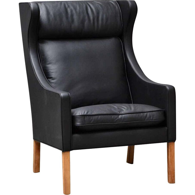 fauteuil Vintage à dossier ailé pour Borge Mogensen en cuir Modèle 2204 de Fredericia Stolefabrik 1960