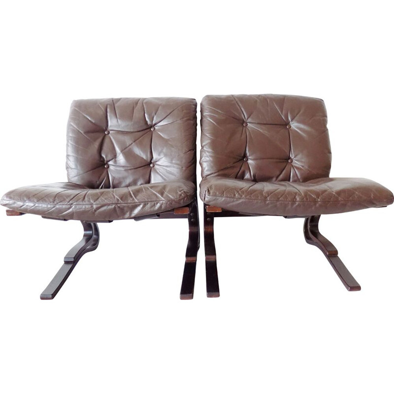 Pair of Kengu brown leather loungechairs by Elsa & Nordahl Solheim for Rykken