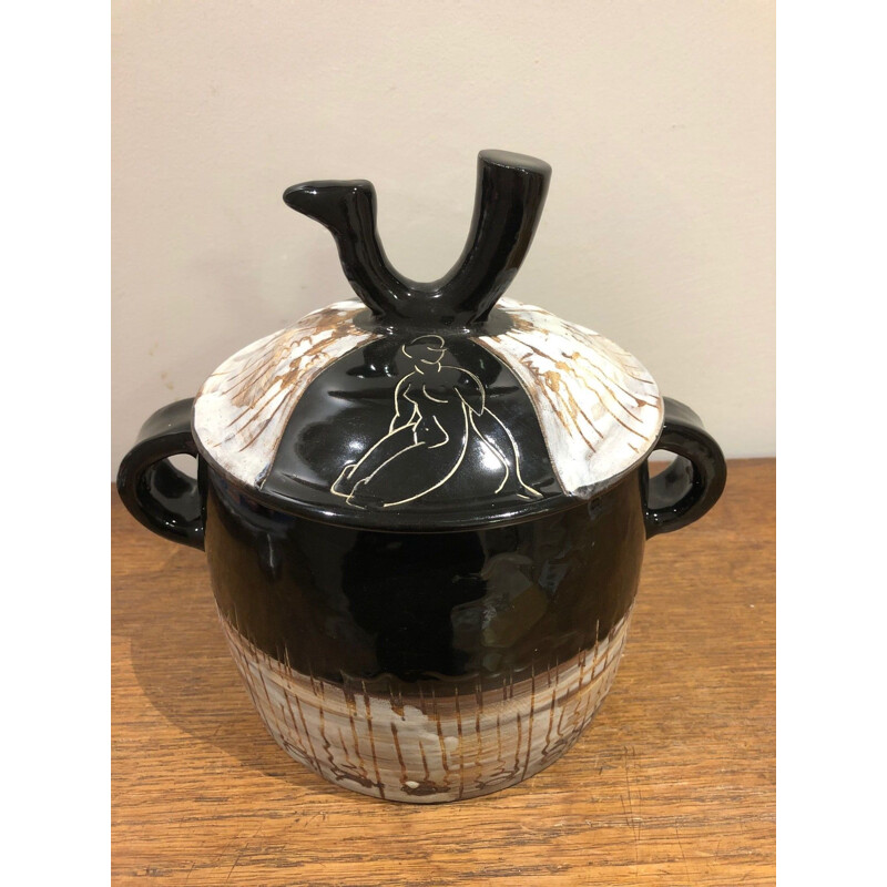 Pot couvert vintage à petit anse et prise en orme d'oiseau pour Cerenne, Vallauris