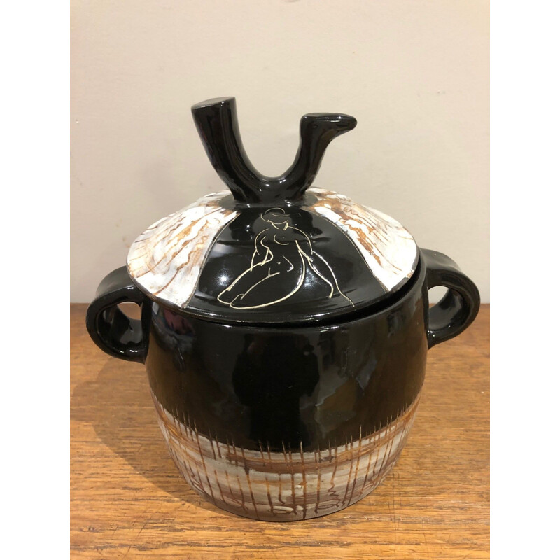 Vintage gedekte pot met klein handvat en vogelaarshandvat voor Cerenne, Vallauris