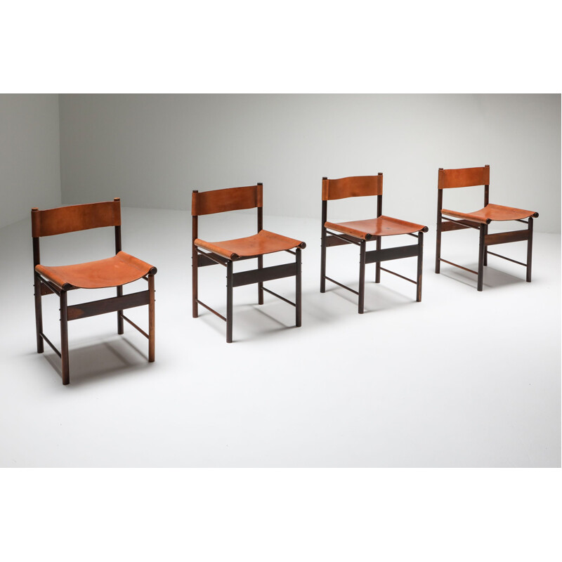 Set of 4 Vintage Chairs by Zalszupin Jacaranda with Cognac 1950 saddle leather seats