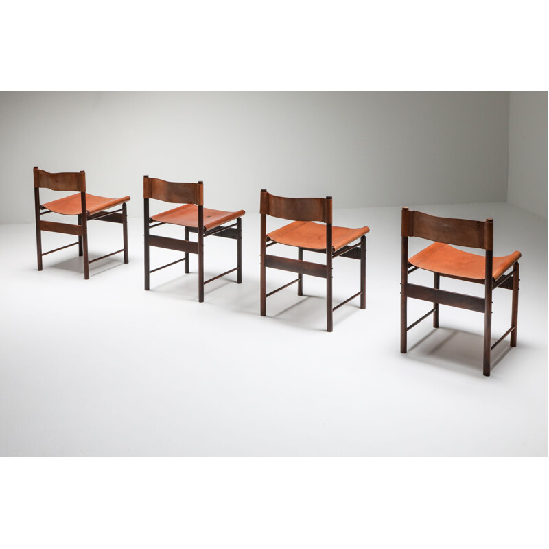 Set of 4 Vintage Chairs by Zalszupin Jacaranda with Cognac 1950 saddle leather seats