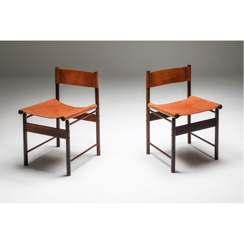 Set of 4 Vintage Chairs by Zalszupin Jacaranda with Cognac 1950 saddle leather seats