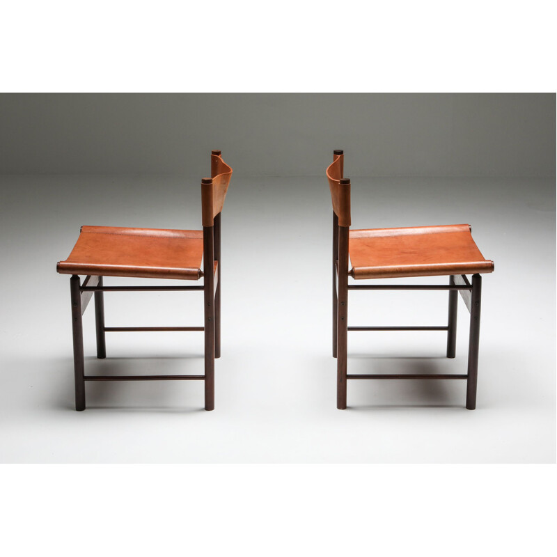 Set of 4 Vintage Chairs by Zalszupin Jacaranda with Cognac 1950 saddle leather seats