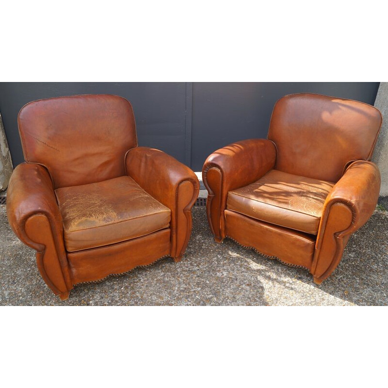 Pair of vintage leather club armchairs 1930