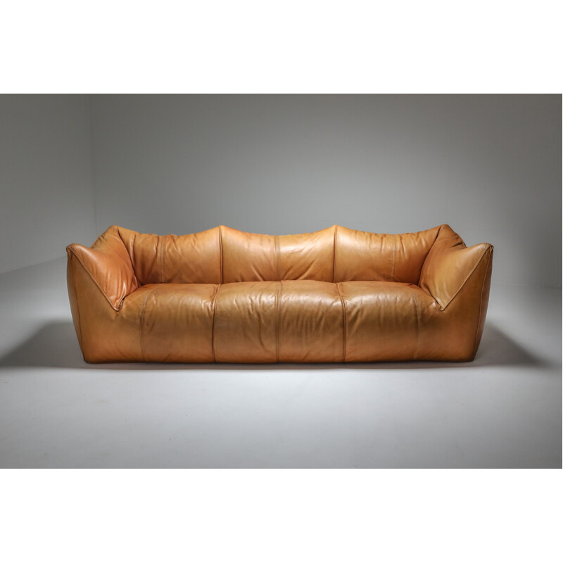 Vintage 3-Seat Couch in Tan Leather Mario Bellini 'Le Bambole' 1970s