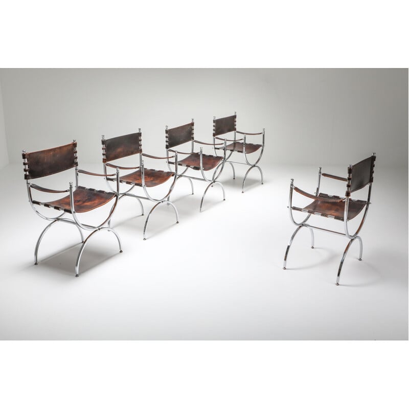 Set of 5 Vintage "Savonarola" Emperor chairs Leather and Chrome by Maison Jansen, 1970s