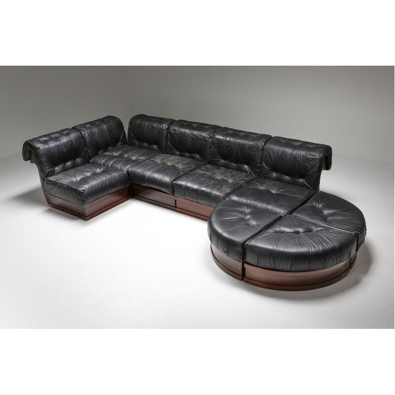 Vintage Sectional Sofa in Black Leather and Mahogany by Luciano Frigerio 1970s