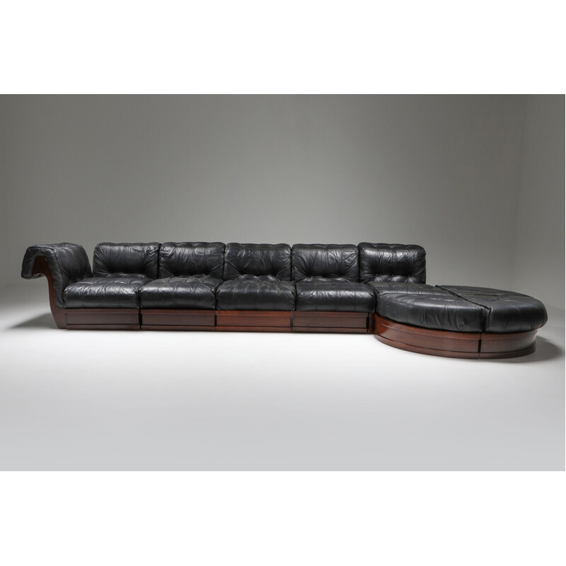 Vintage Sectional Sofa in Black Leather and Mahogany by Luciano Frigerio 1970s