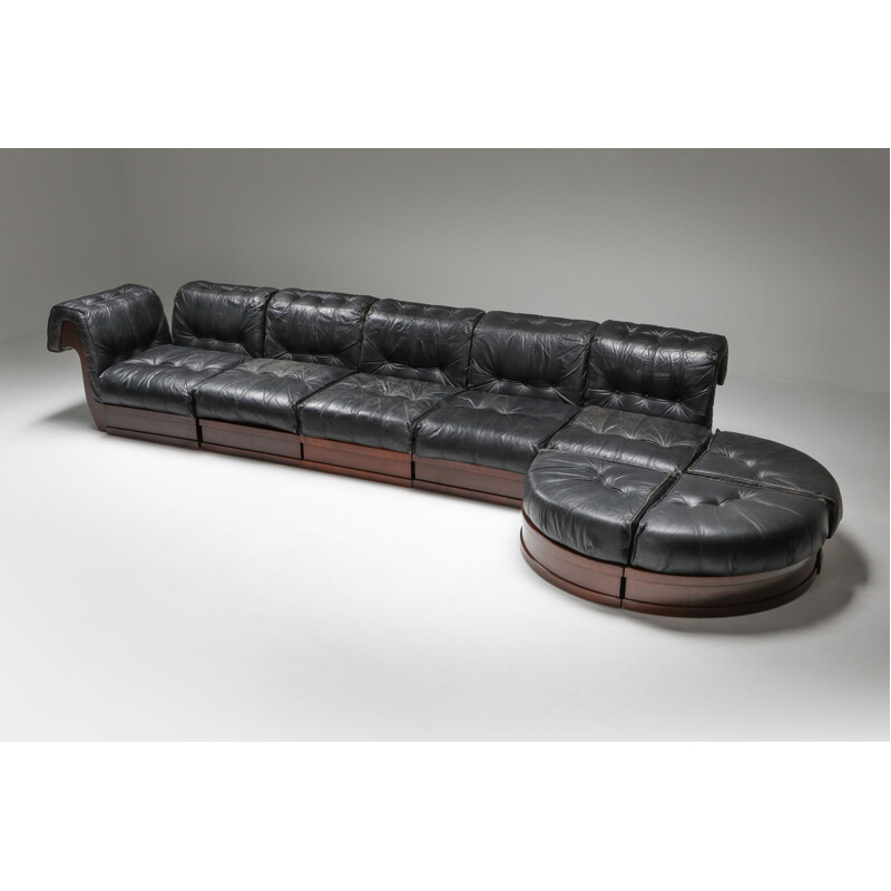 Vintage Sectional Sofa in Black Leather and Mahogany by Luciano Frigerio 1970s