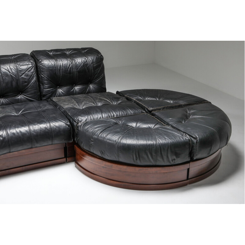 Vintage Sectional Sofa in Black Leather and Mahogany by Luciano Frigerio 1970s