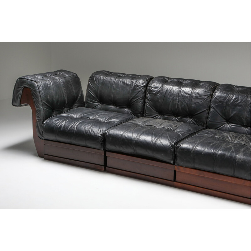 Vintage Sectional Sofa in Black Leather and Mahogany by Luciano Frigerio 1970s