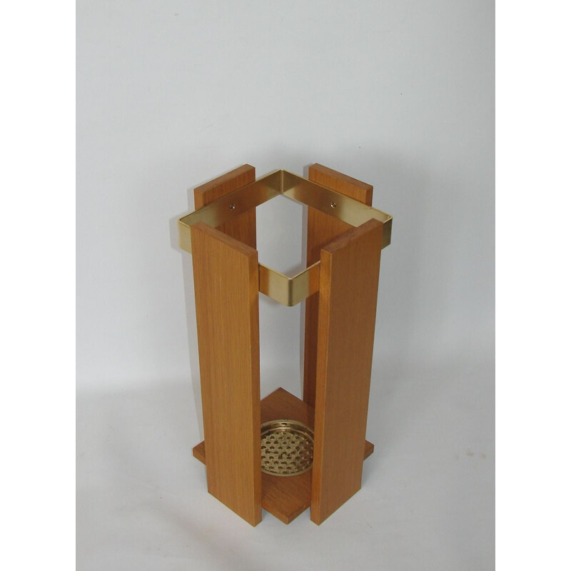 Vintage umbrella holder in wood and brass-plated aluminium 1960