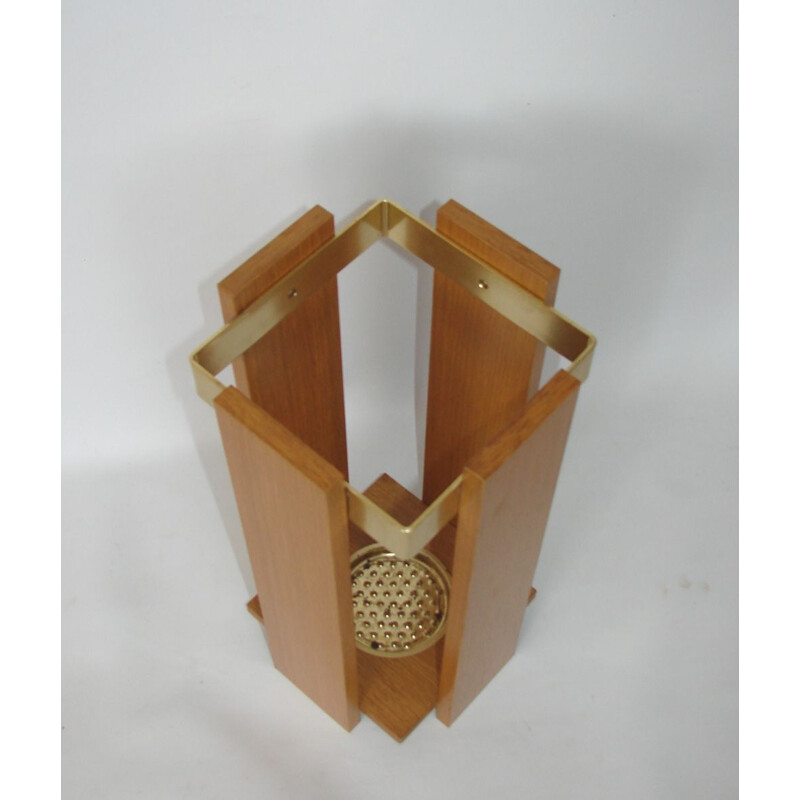 Vintage umbrella holder in wood and brass-plated aluminium 1960
