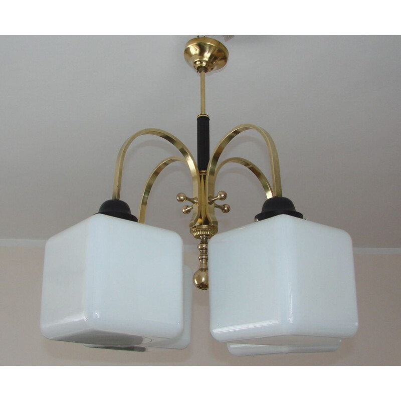 Vintage Chandelier Art deco brass and glass 1930s