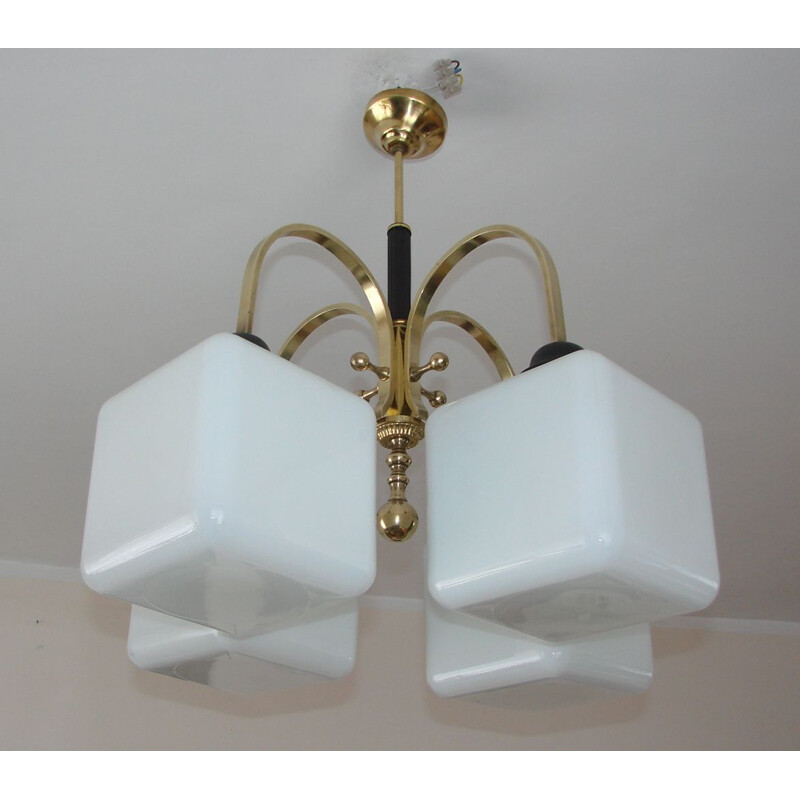 Vintage Chandelier Art deco brass and glass 1930s