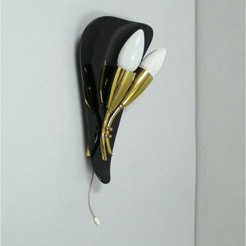 Vintage Brass and Black Plexiglas wall light, France,1950