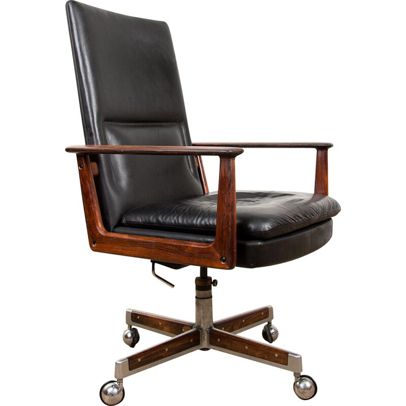 Grand fauteuil de bureau vintage en Palissandre de Rio et Cuir, modèle 419 d'Arne Vodder