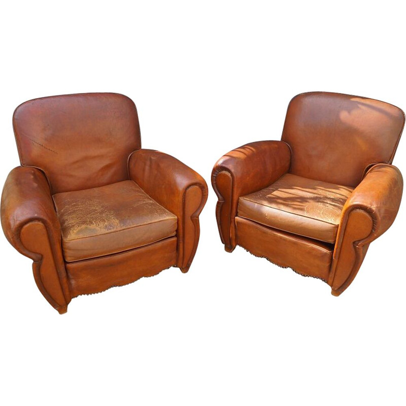 Pair of vintage leather club armchairs 1930