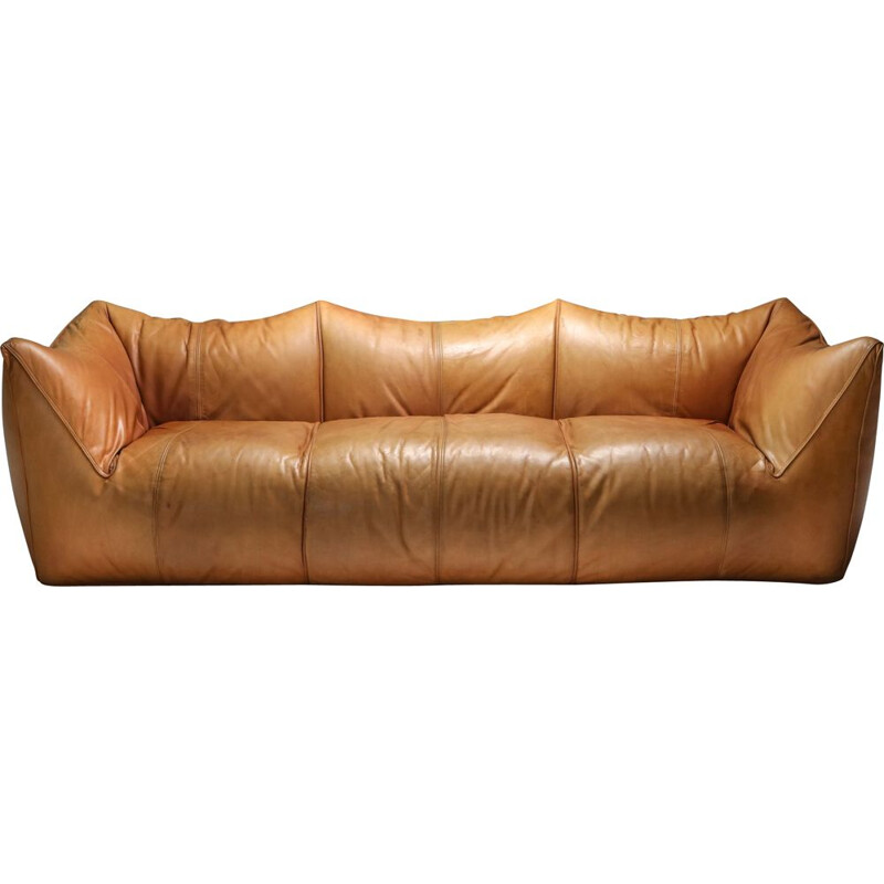 Vintage 3-Seat Couch in Tan Leather Mario Bellini 'Le Bambole' 1970s