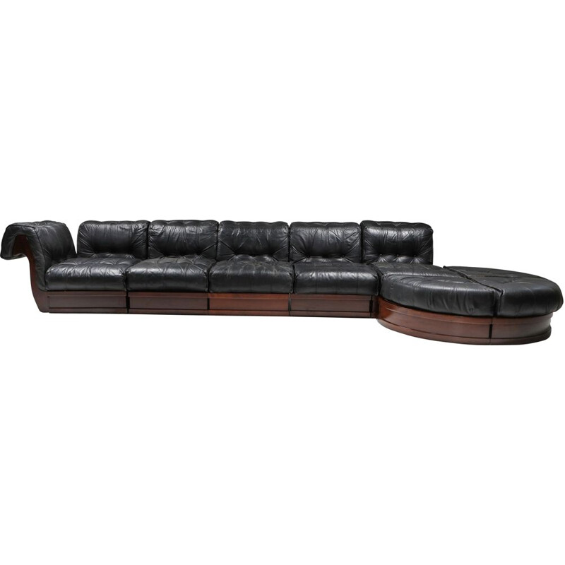 Vintage Sectional Sofa in Black Leather and Mahogany by Luciano Frigerio 1970s